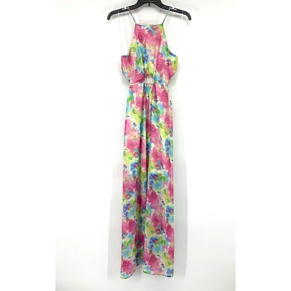 Peach Love California Dress Maxi Watercolor Sleeveless Halter Neck - Picture 1 of 12